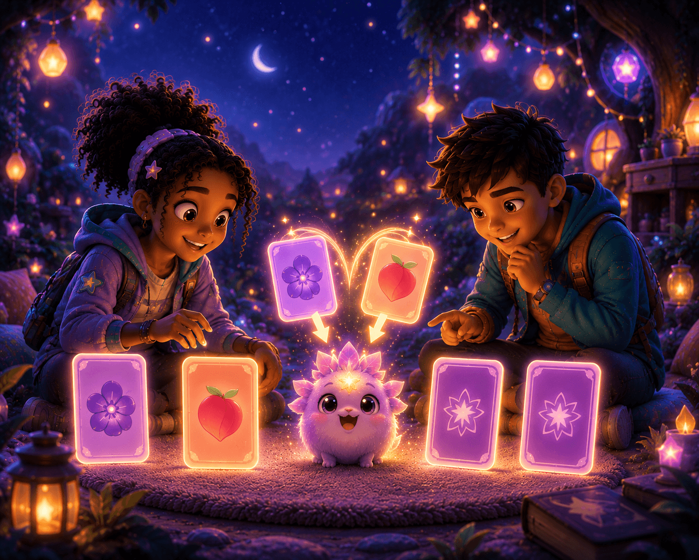 Two children playing a glowing memory-card reading game in a cozy lantern-lit garden