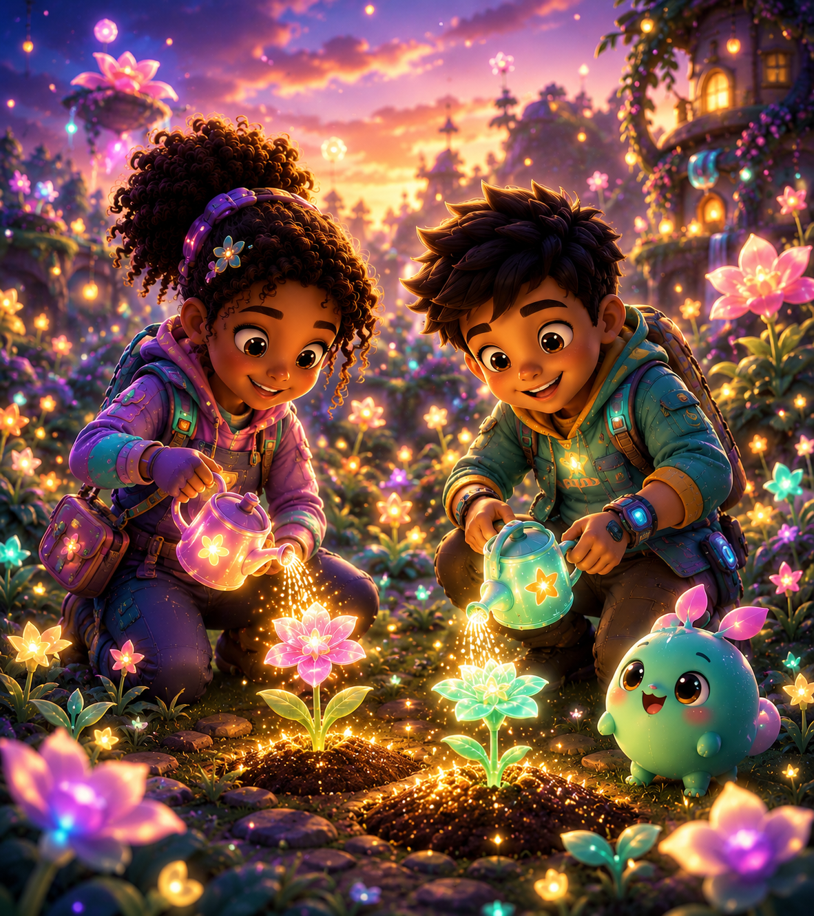Two children tending a glowing magical garden together at golden hour